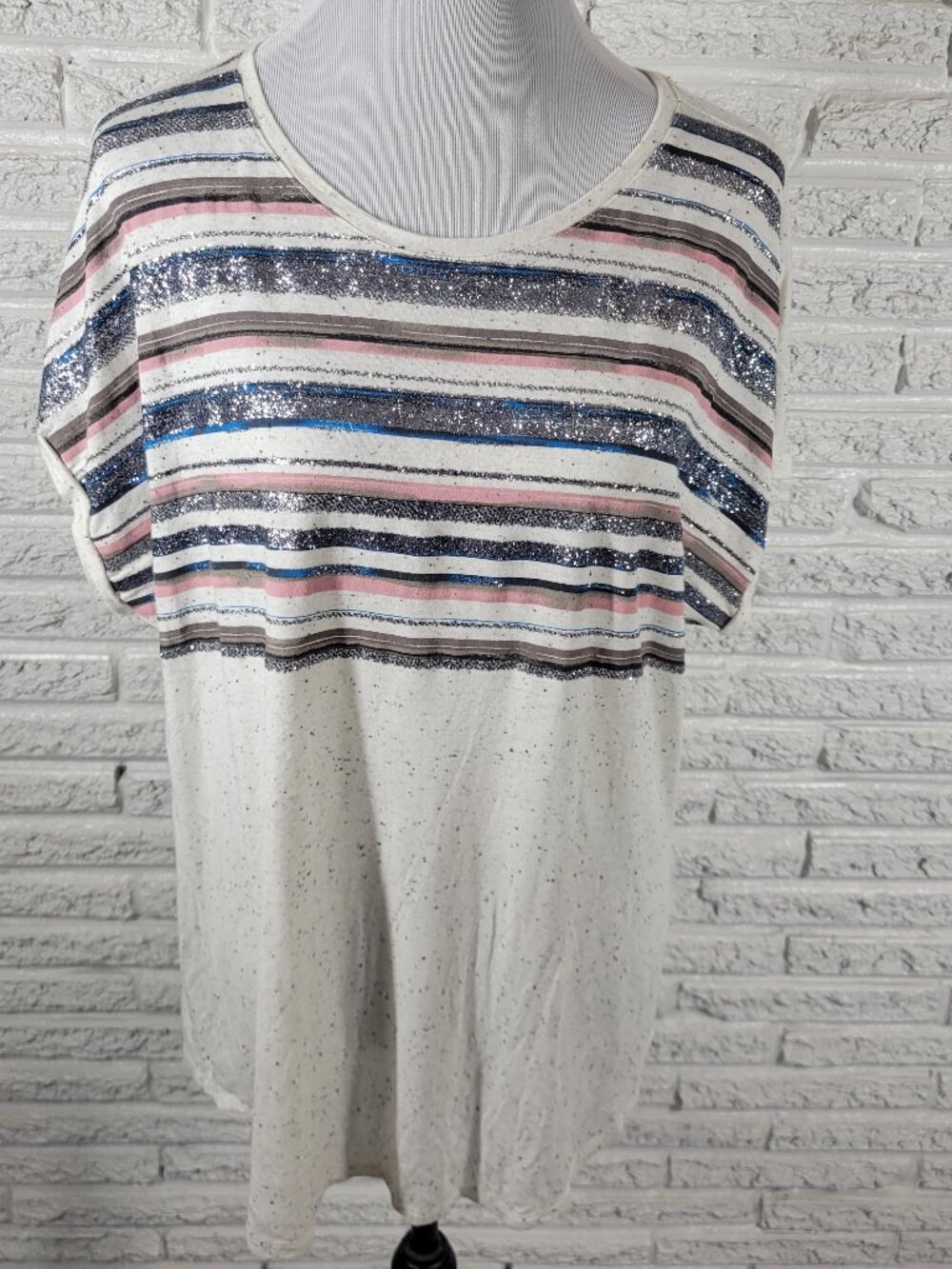 Apt 9 Women XL Sparkle Blue Pink Stripe Tee Pullover Blouse Cotton STR89E